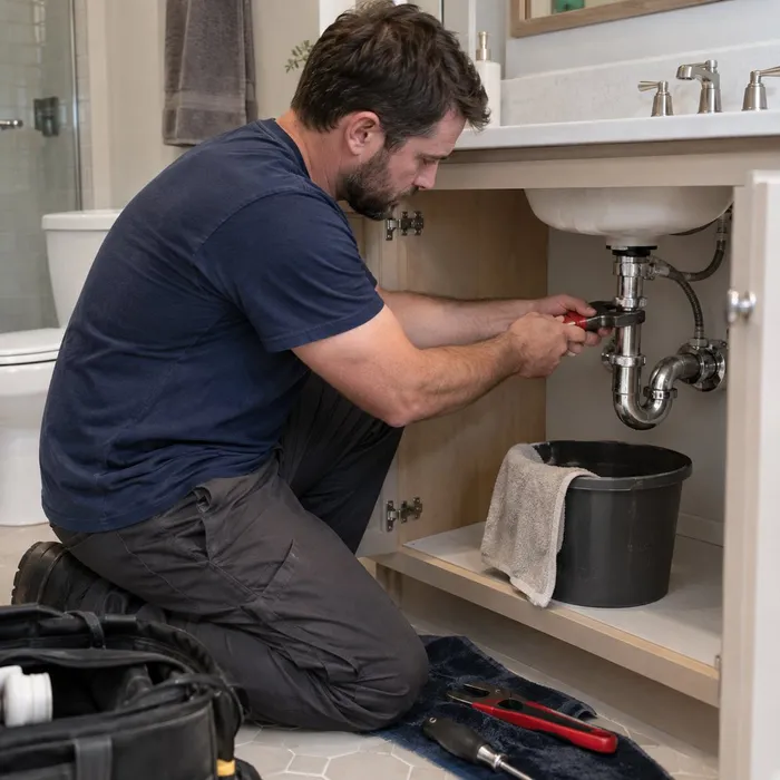 Bensalem Plumbing Pros plumber repairing a bathroom sink shutoff valve