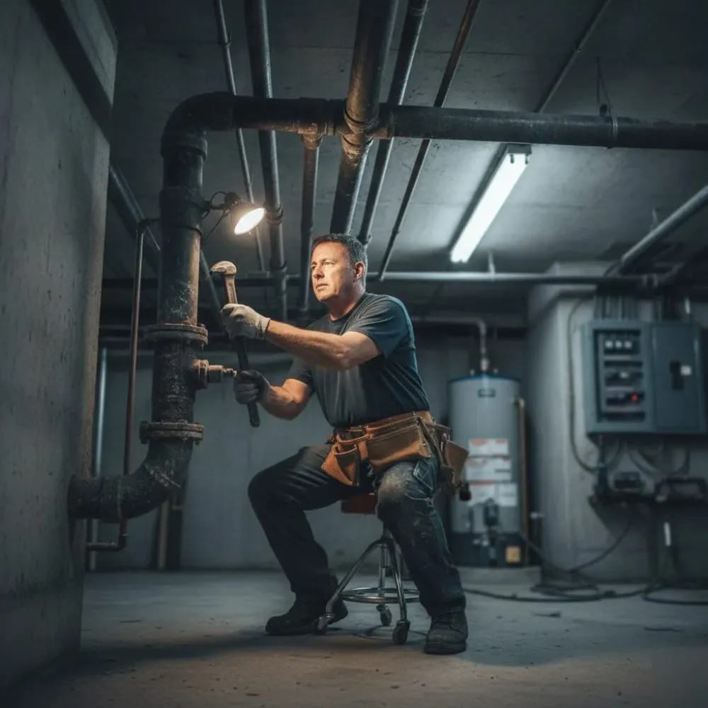 Plumber working on overhead pipes in a commercial building mechanical room