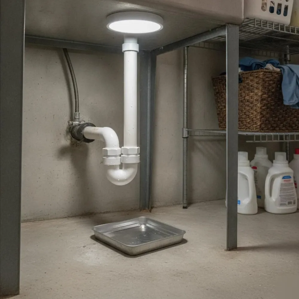 Contained drip pan under a slow leaking pipe in a tidy utility closet