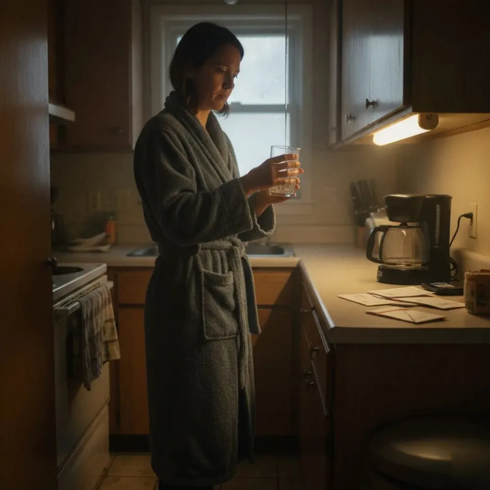 Woman standing in a dark kitchen holding an empty glass, looking at the faucet