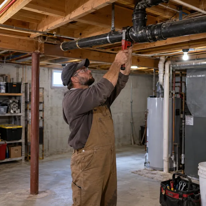 Plumber repairing an overhead drain pipe in a Bensalem basement