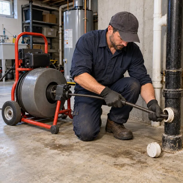 Plumber using a drain snake machine on a main sewer line cleanout
