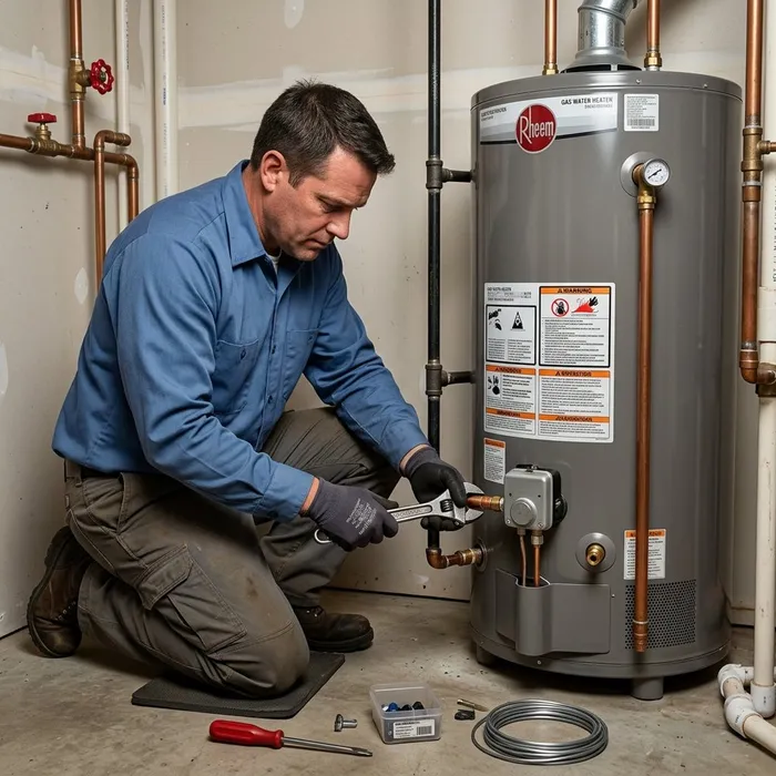 Plumber servicing a gas water heater tank