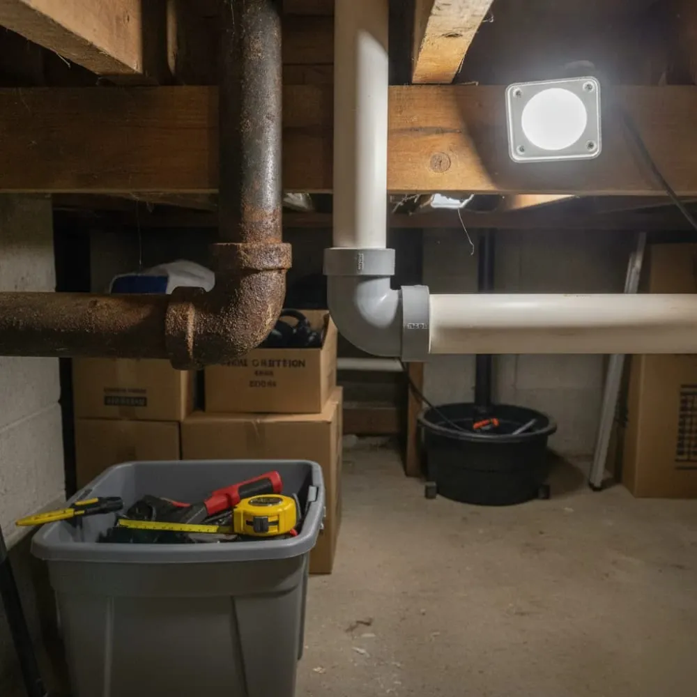 Old cast iron pipe next to newer PVC piping in a basement