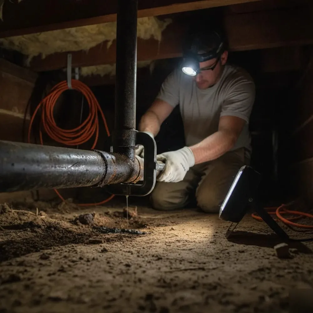 Plumber with a headlamp repairing a leaking pipe clamp in a crawl space