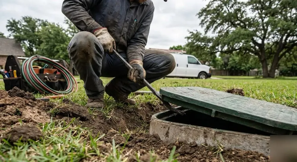 Technician opening a septic tank access lid in a yard with tools and a van nearby