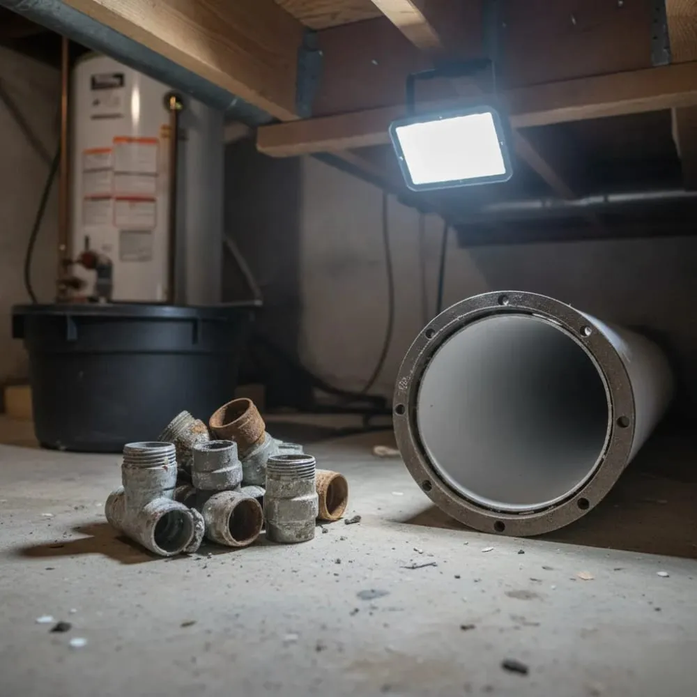 Pipe lining material and old fittings laid out in a crawlspace
