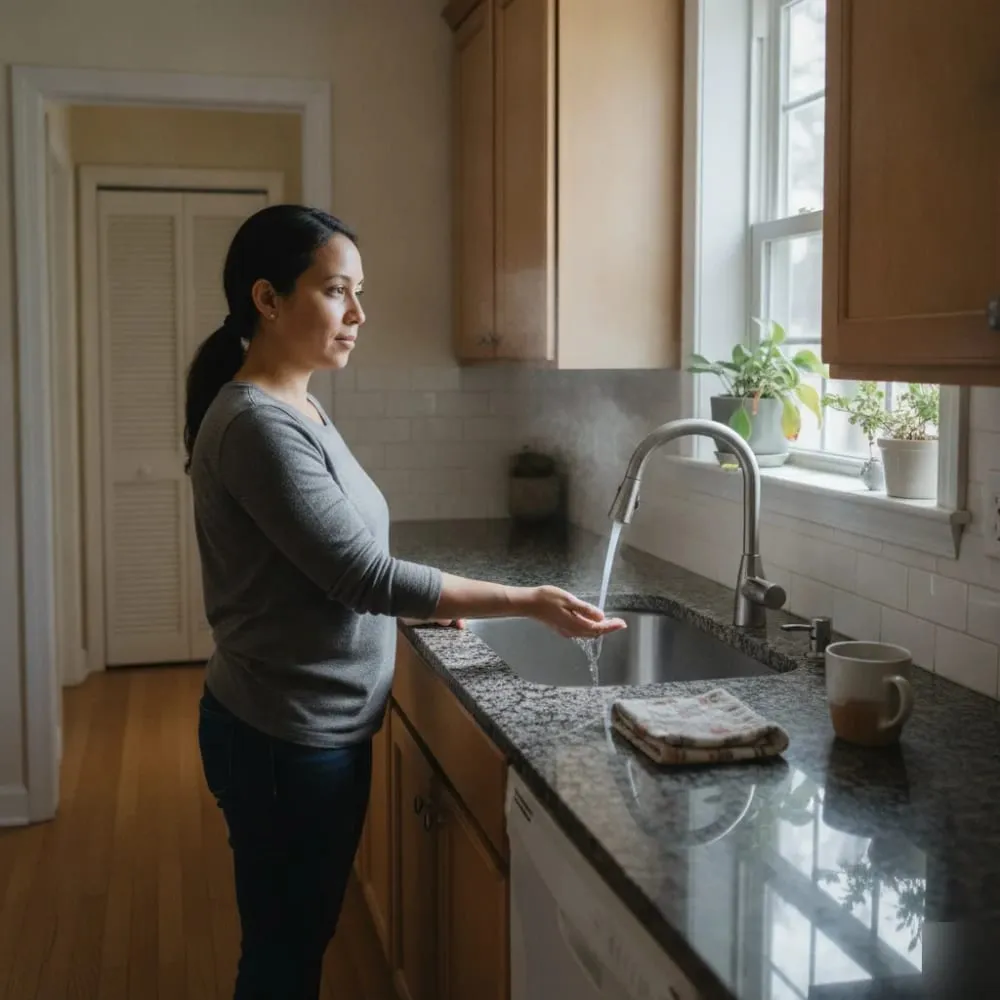 Woman checking hot water running at a kitchen sink