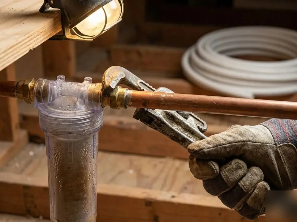 Clear sediment filter housing being connected to a copper pipe with PEX tubing nearby