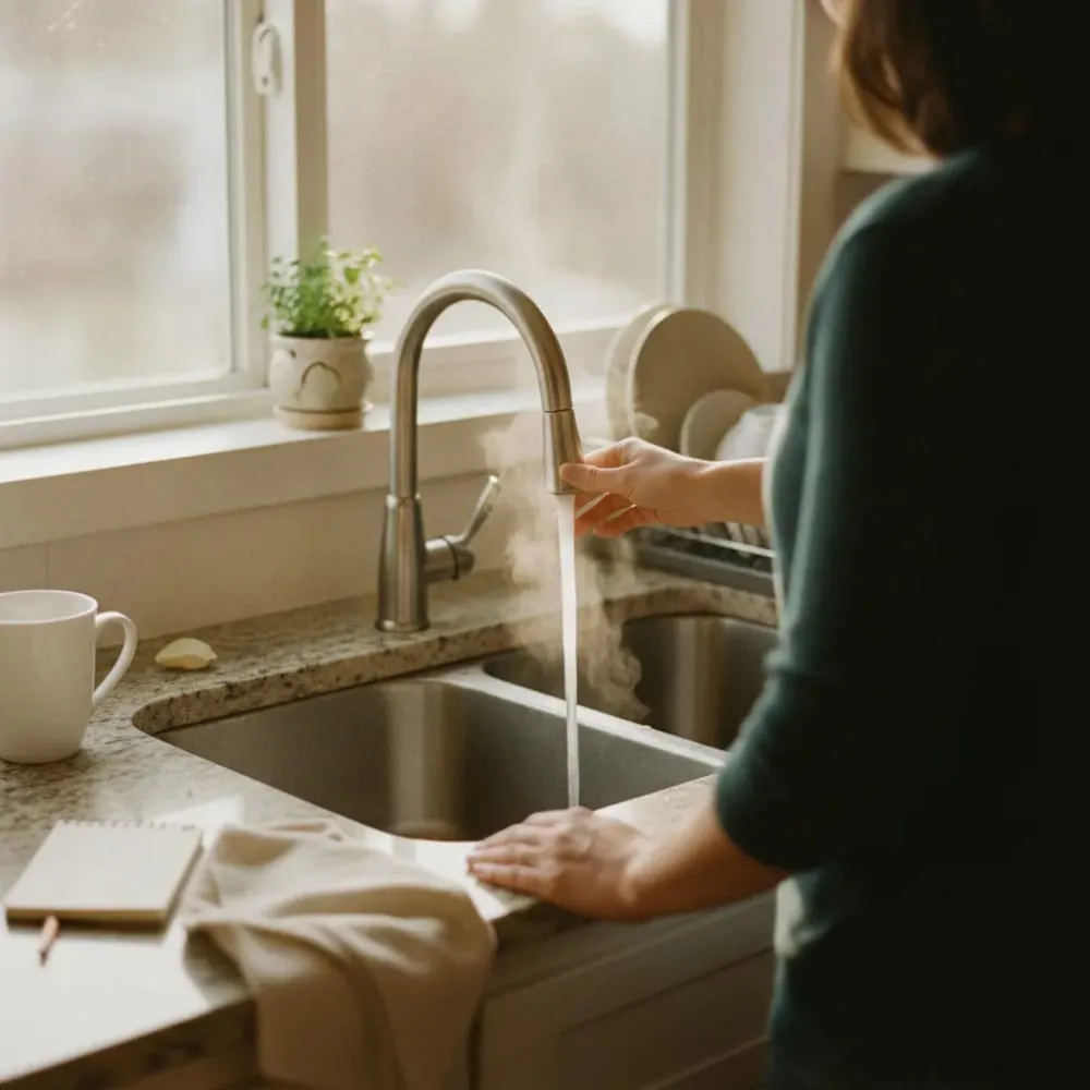 Steamy hot water running at a kitchen sink
