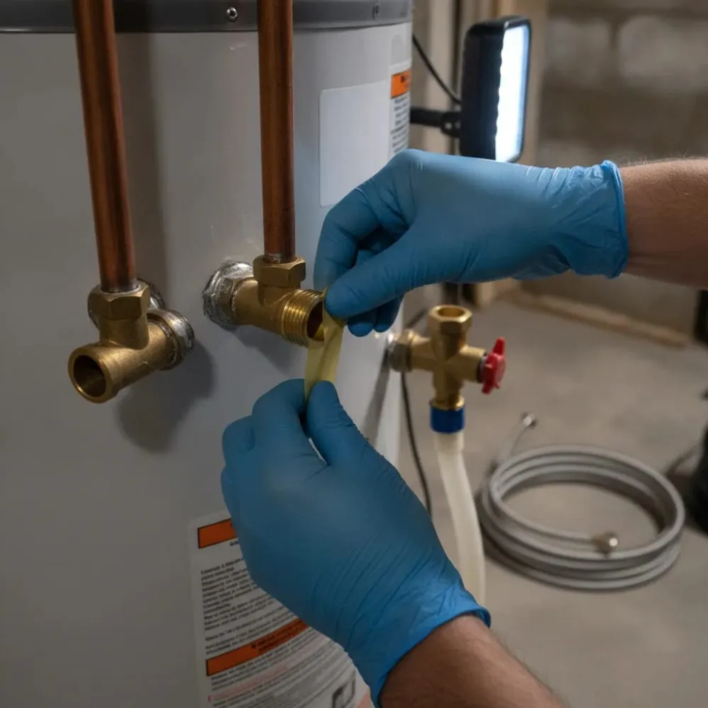 Hands applying thread seal tape to a fitting on a new water heater tank
