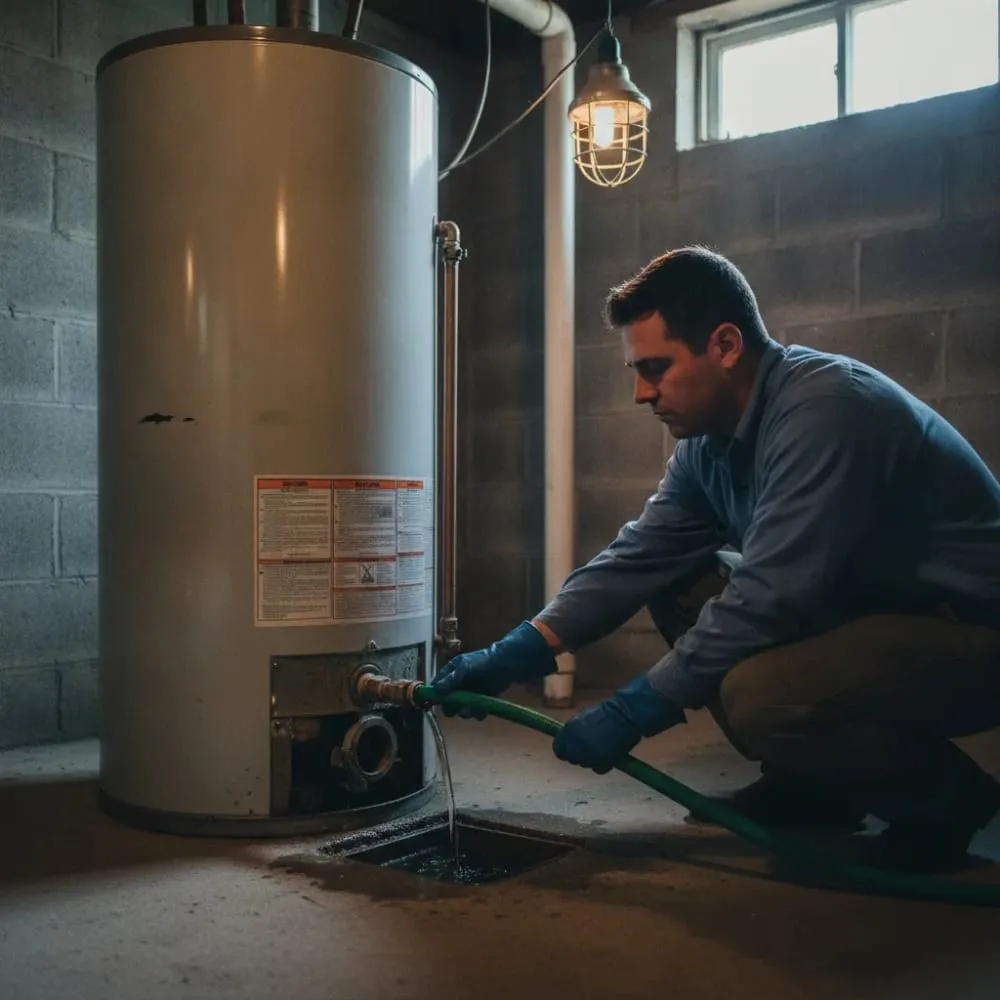 Plumber draining and servicing a tank water heater in a basement