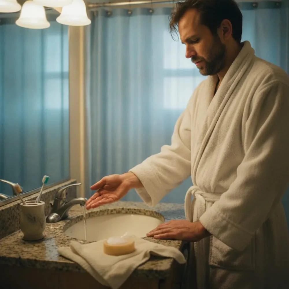 Man testing water temperature at a bathroom sink